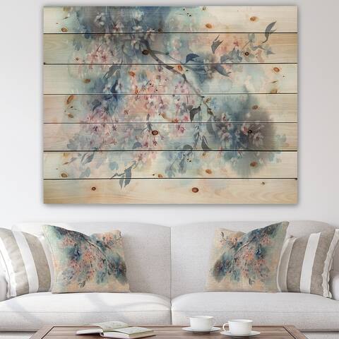 Designart 'White Sakura Flower Blossom On Pastel Blue Background' Farmhouse Print on Natural Pine Wood