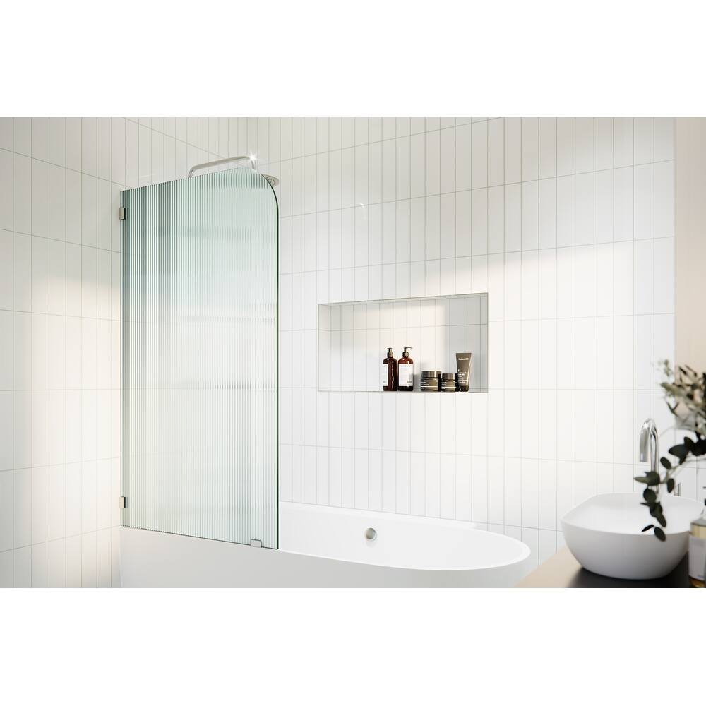 Aurora 58.25 in. x 30 in. Frameless Bath Shower Door - Single Fixed Panel Fluted Frosted Radius Left Hand