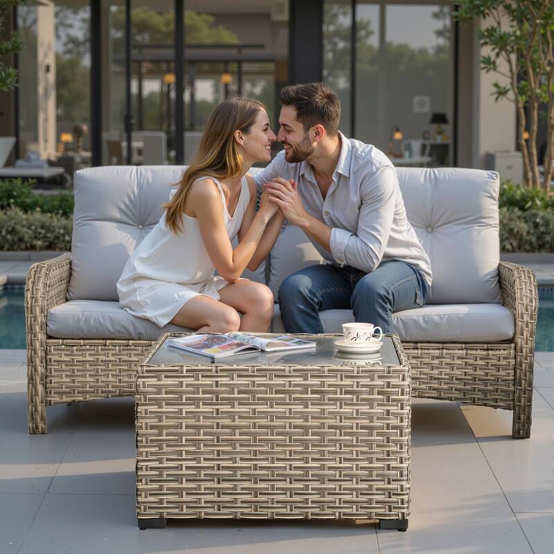 HOOOWOOO Wicker Rattan Patio Square Coffee Table with Umbrella Hole