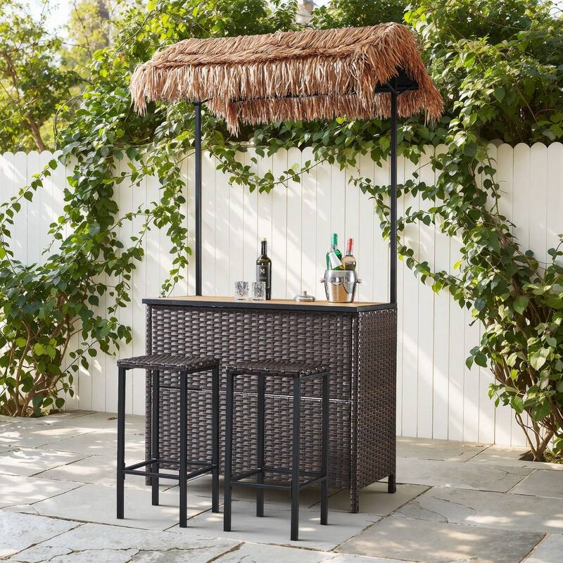 Artisan 3-Piece Wicker Outdoor Bar Set with Canopy, Storage Shelf, and 2 Height Stools - N/A