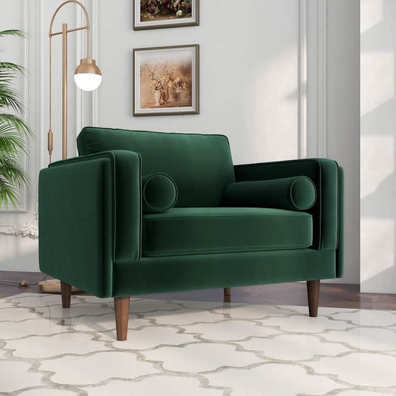 Flavia Mid-Century Modern Pillow Back Velvet Upholstered Armchair - Dark Green