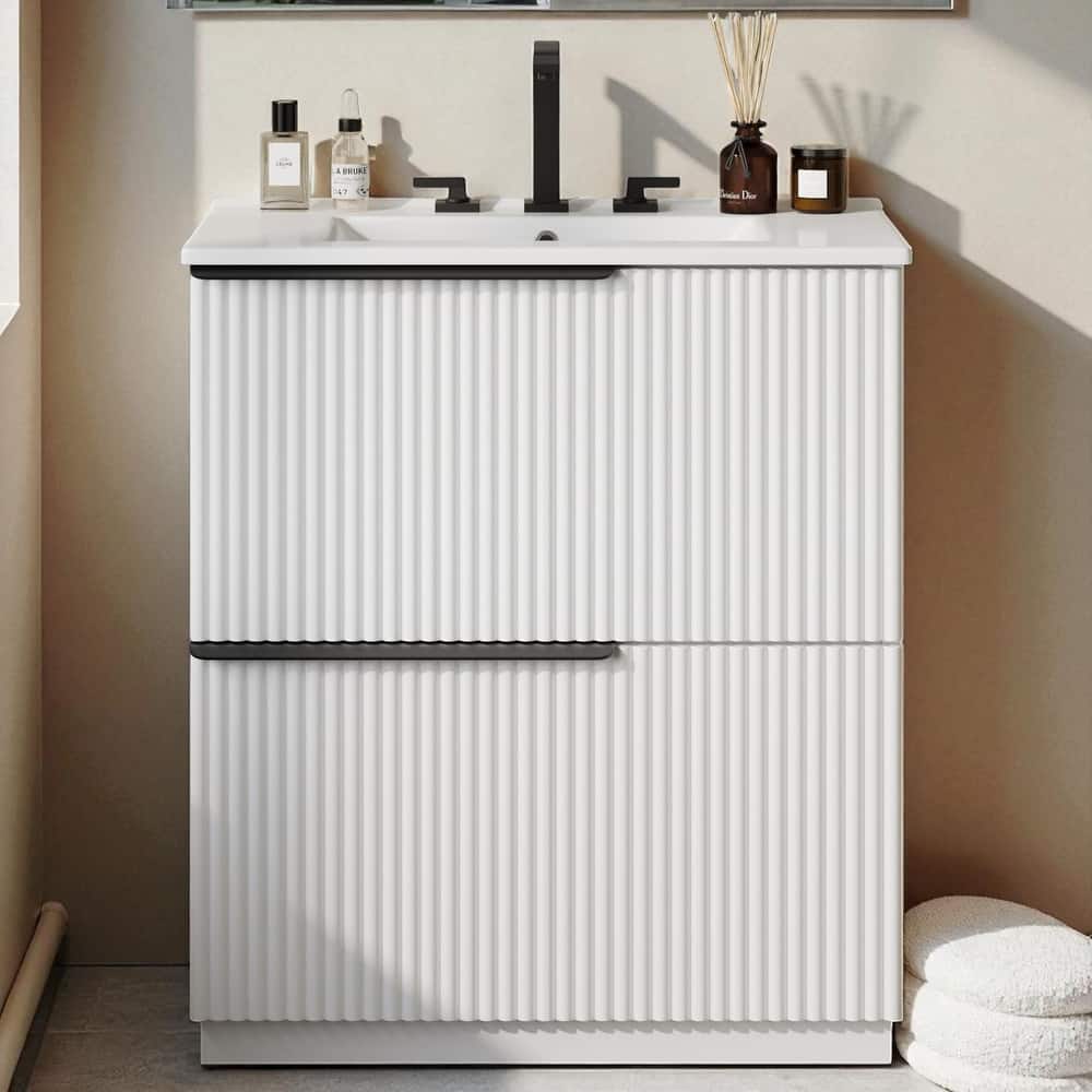 30" Bathroom Vanity with Ceramic Sink, Full-Extension Drawers, Soft Close Slides, and Fluted Design