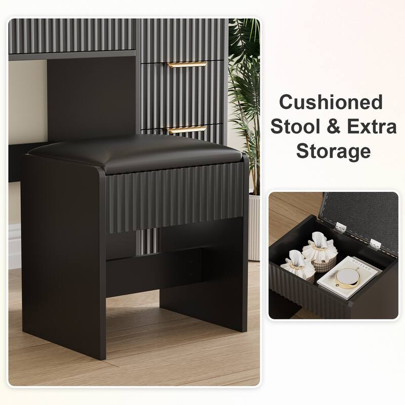 Transparent Tabletop Makeup Vanity Table / 2-Piece Vanity Desk and Stool Set with Charging Station