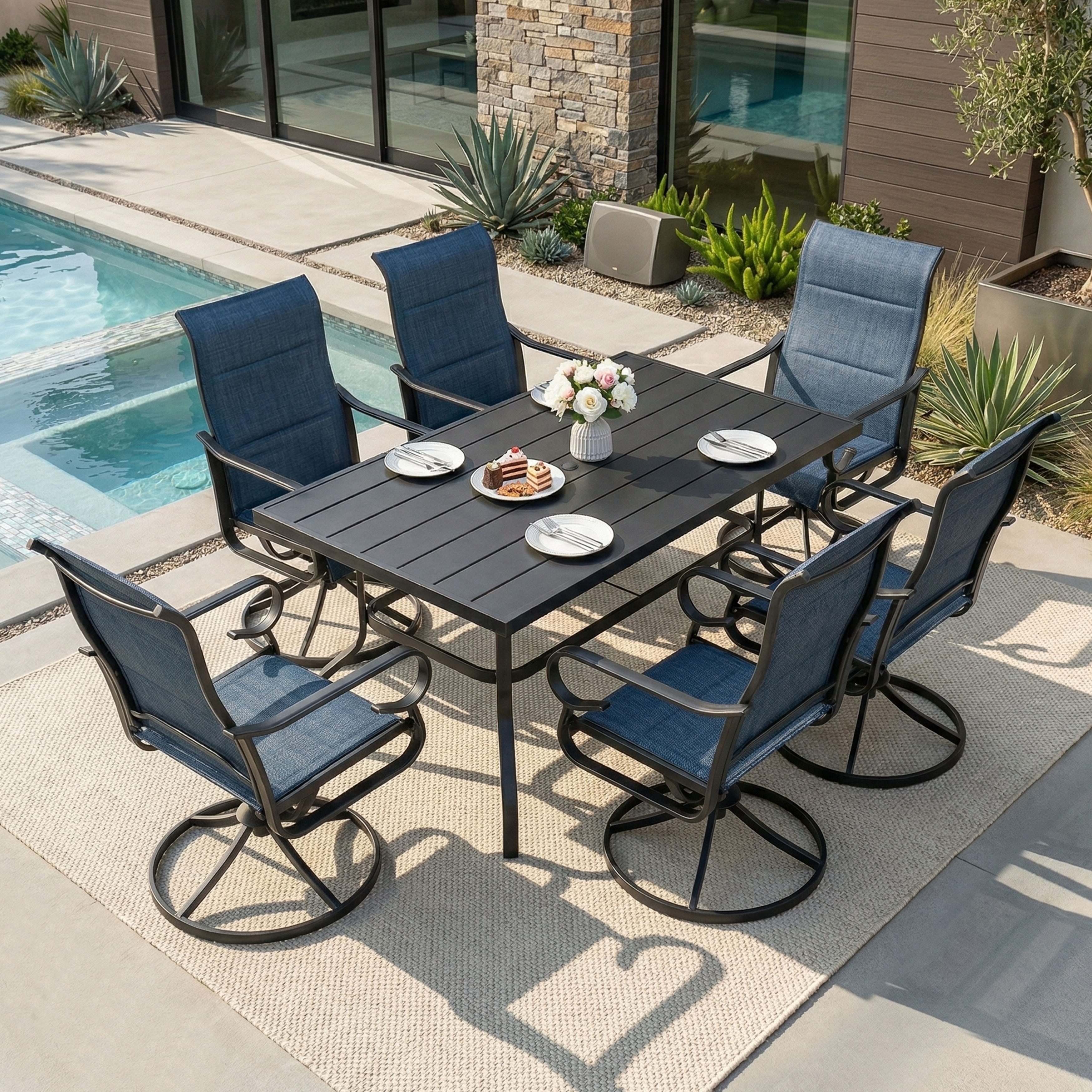 Nuu Garden Padded Textilene Patio Dining Set with Umbrella Hole, Swivel Design