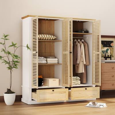 Modern Wardrobe Armoire Closet with 4 Shutter Door, 2 Drawers, 4 Storage Shelves & Hanging Rod, Wardrobe Combination