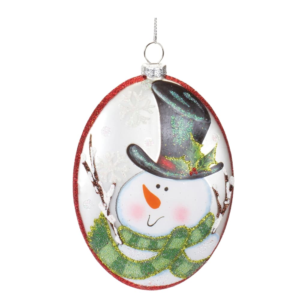 Set of 12 Festive Glass Snowman Ornaments 5" Red Green Holiday Disc Tree Decorations - 3.5 x 1.25 x 5"