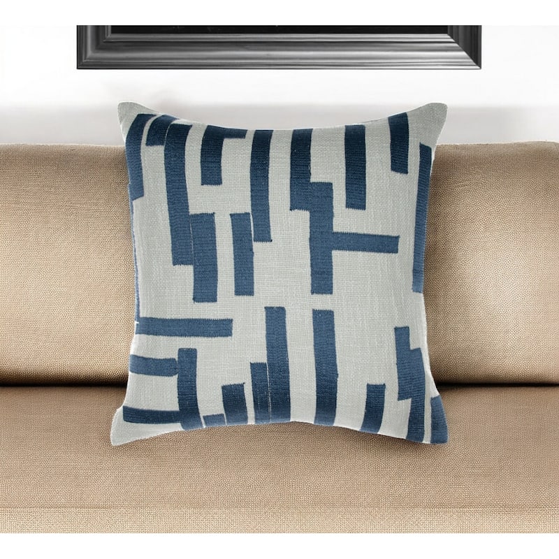 HomeRoots 20" Blue and Ivory Geometric Cotton Blend Throw Pillow With Embroidery - Accent - Polyester