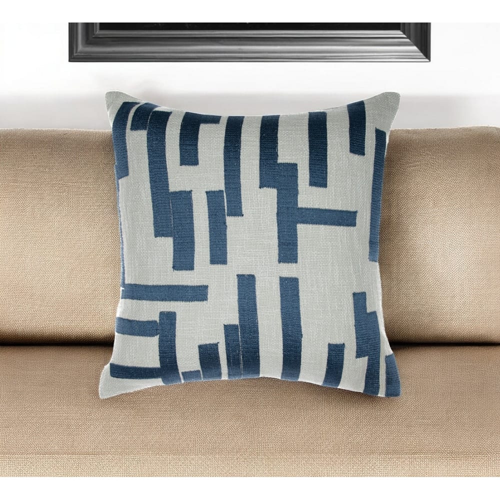 HomeRoots 20" Blue and Ivory Geometric Cotton Blend Throw Pillow With Embroidery