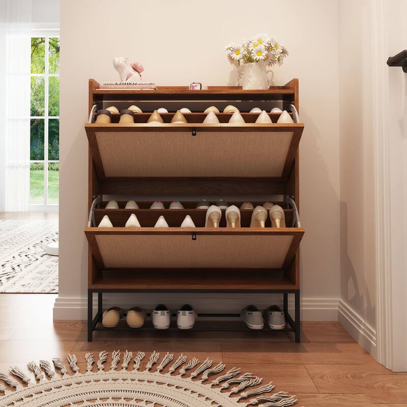Free-standing Two-tier Flip-out Drawer Wooden Shoe Storage