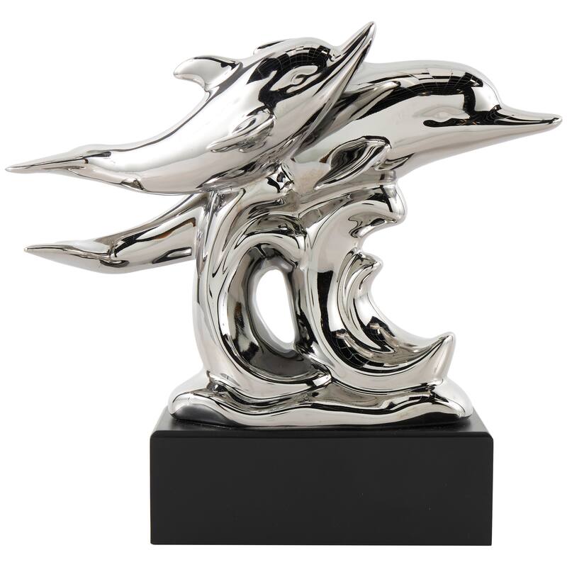 Silver Ceramic Animal Sculpture with Black Block Base
