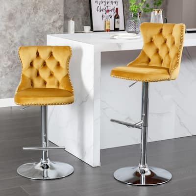 Velvet Bar Stools Set of 2, Swivel Barstools with Tufted Back Adjustable Counter Height Armless Upholstered Bar Chairs, Gold