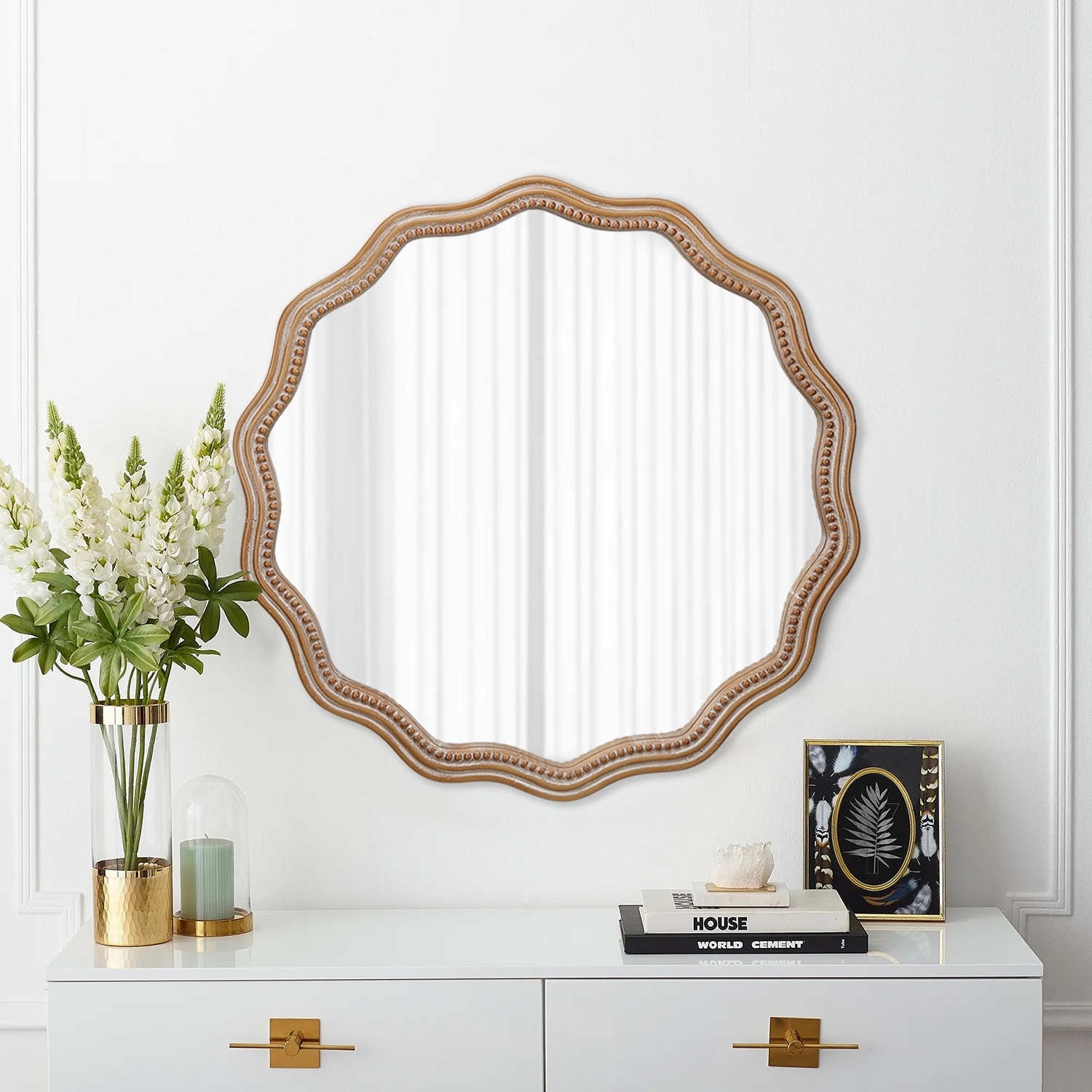 Round Wood Wavy Scalloped Wall Mirror - Modern Farmhouse Decor for Bathroom, Living Room - Antique Natural