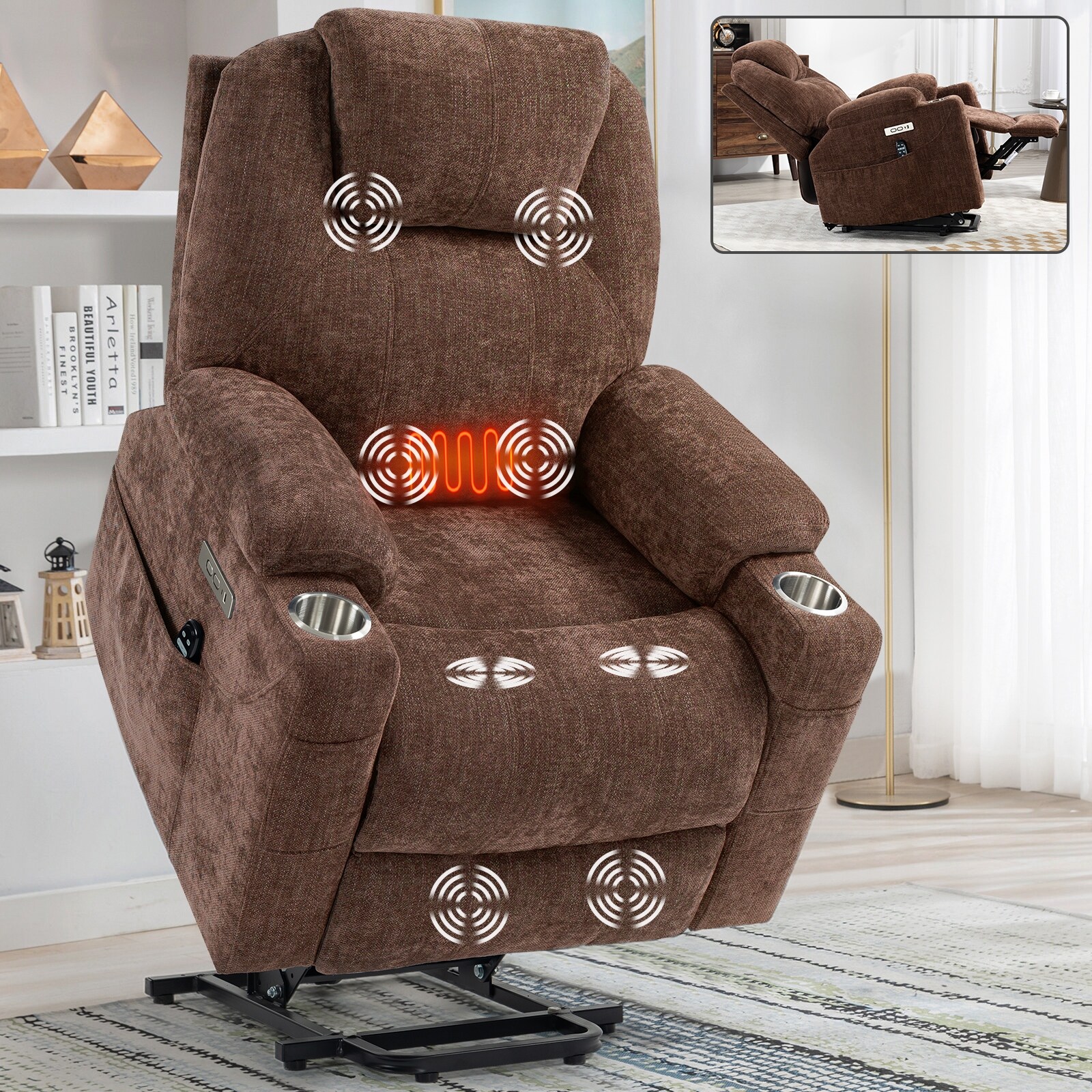 Chenille Power Lift Massage Recliner Chair w Cup Holders Oversized Lumbar Heat Sofa Chairs w USB Charge Port On Sale Bed Bath Beyond 40205009