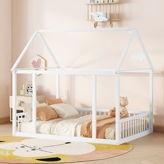 Full Size Floor Wooden Bed with House Roof Frame and Safety Guardrails