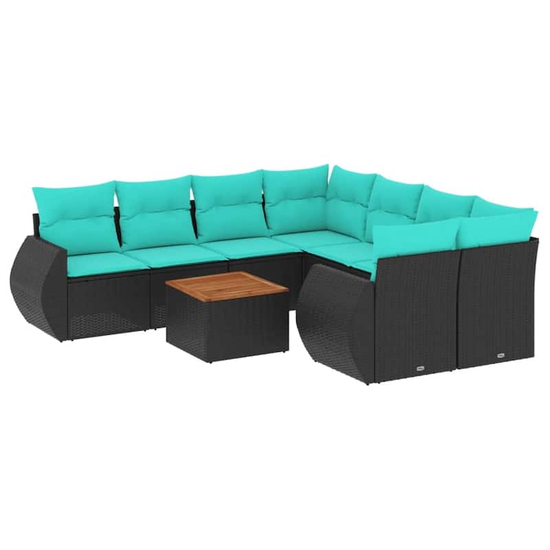 vidaXL 9 Piece Patio Sofa Set with Cushions Black Poly Rattan - 24.4x 24.4x 27.2