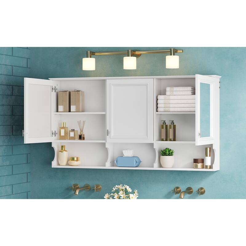 55"Mirror Medicine Cabinet with Open Shelves,Wall Mounted Storage with Doors & Mirror,Adjustable Shelf