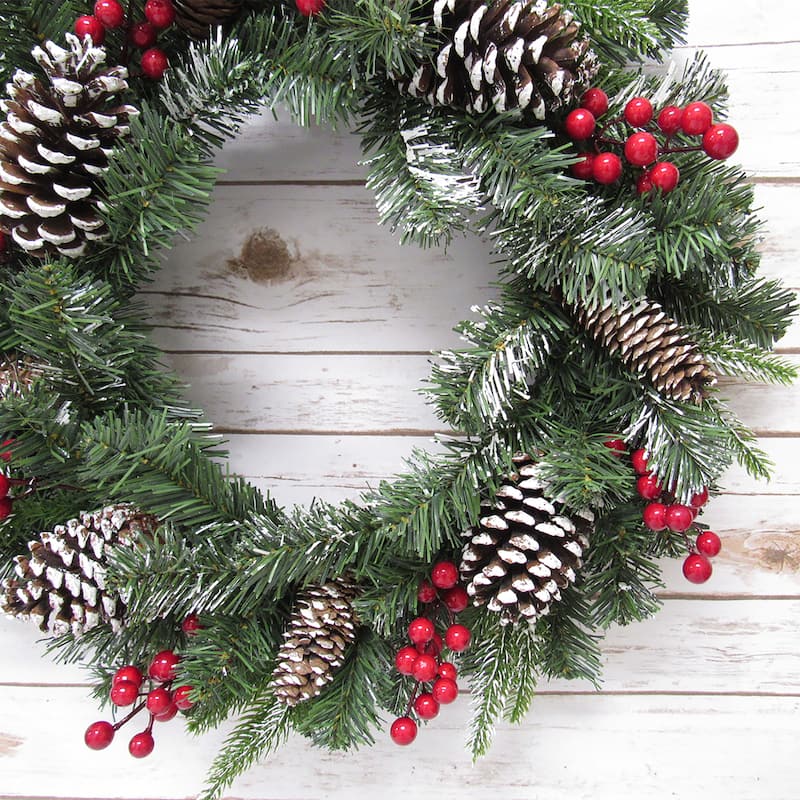 Artificial Mixed Frosted Pine Cone Berry & Pine Christmas Wreath 24in - 24" L x 24" W x 5.5" DP