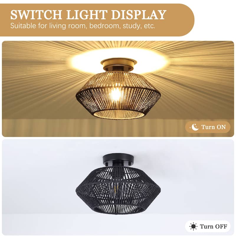 Modern Farmhouse Style Hand-Woven Rattan Semi Flush Mounts Light Fixture for Kitchen Living Room