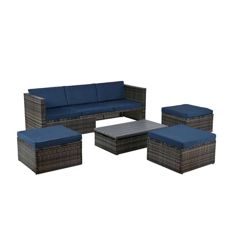 5 Piece Outdoor PE Wicker Sofa Set, Patio Conversation Furniture Set with Lift TOP Coffee Table and Lounger Sofa