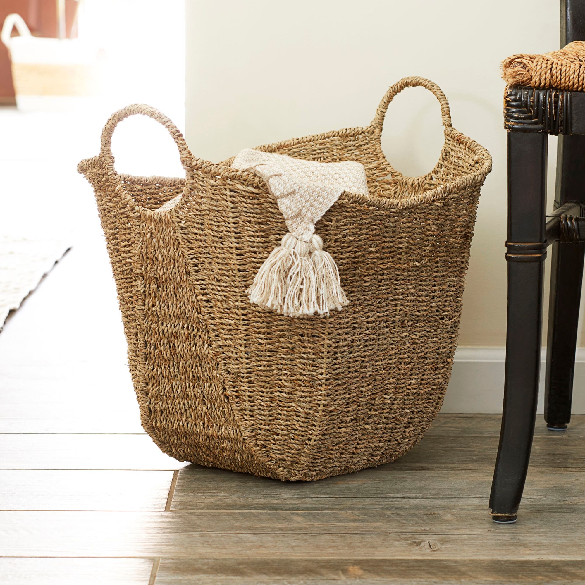 Woven Seagrass Wicker Storage Basket with Handles - 14.2"L x 16.1"W x 17.3"H