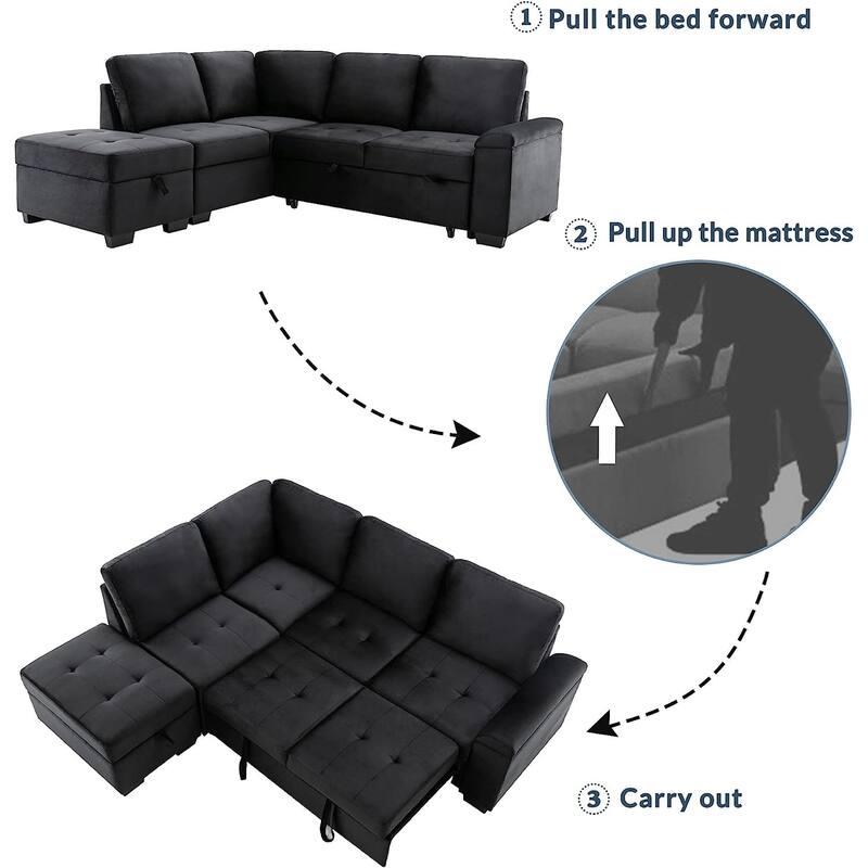 87.4 in. L-Shape Velvet Sleeper Sectional Sofa in. 5-Seat Sofa Bed with 2-USB, Storage Ottoman and Hidden Storage Arm
