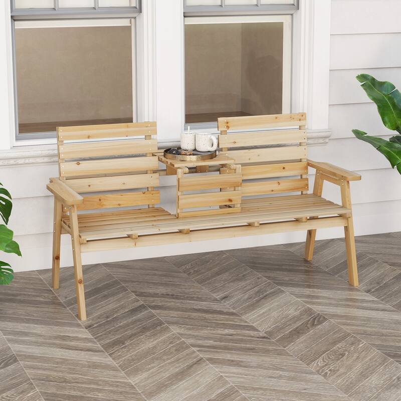 Gymax Outdoor Fir Wood Bench w/ Foldable Middle Table w/ Backrest &