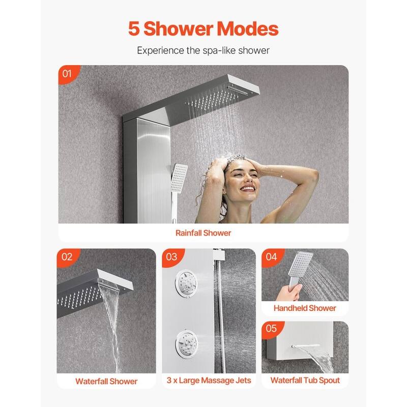 Silver Stainless Steel 5-in-1 Shower Panel Tower System with Rainfall, Waterfall, Jets and Handheld - 53.0x 7.9x 18.1 inch