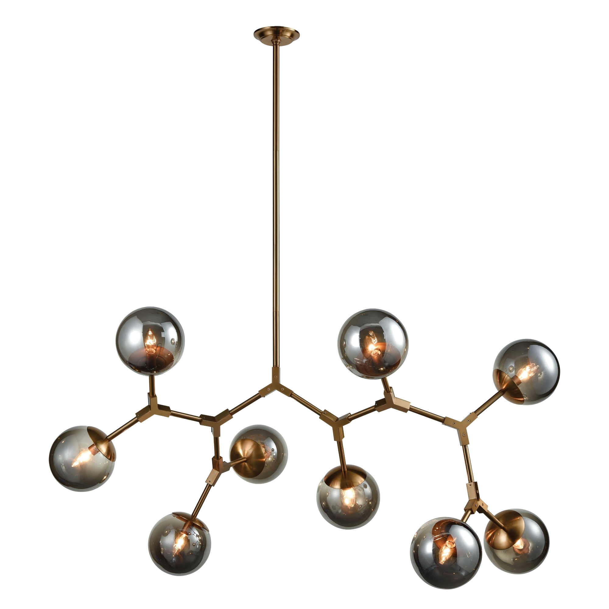 9-Light Angular Frame Chandelier with Smoked Glass Orb - 60" - Aged Brass Finish
