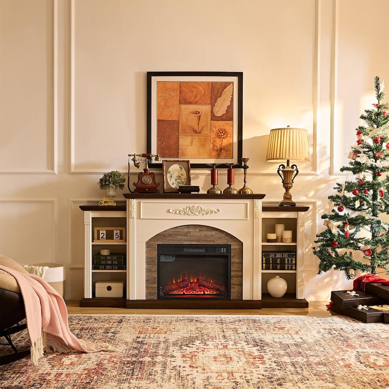 Classic 72 inch Electric Fireplace with Mantel White TV Stand Entertainment Center with Storage