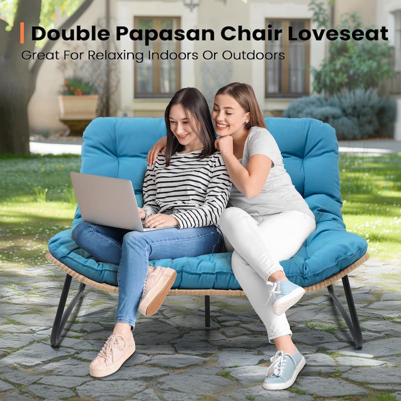 Double Papasan PE Rattan Chair Loveseat with Cushion For Indoor Outdoor