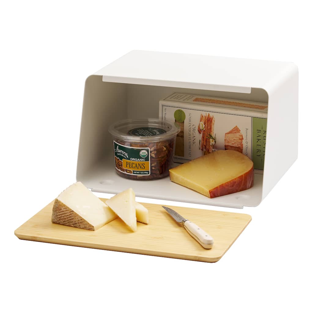 Yamazaki Home Bread Box with Cutting Board Lid, Steel and Wood, Lid - L 9.65 x W 12.4 x H 7.28 inches