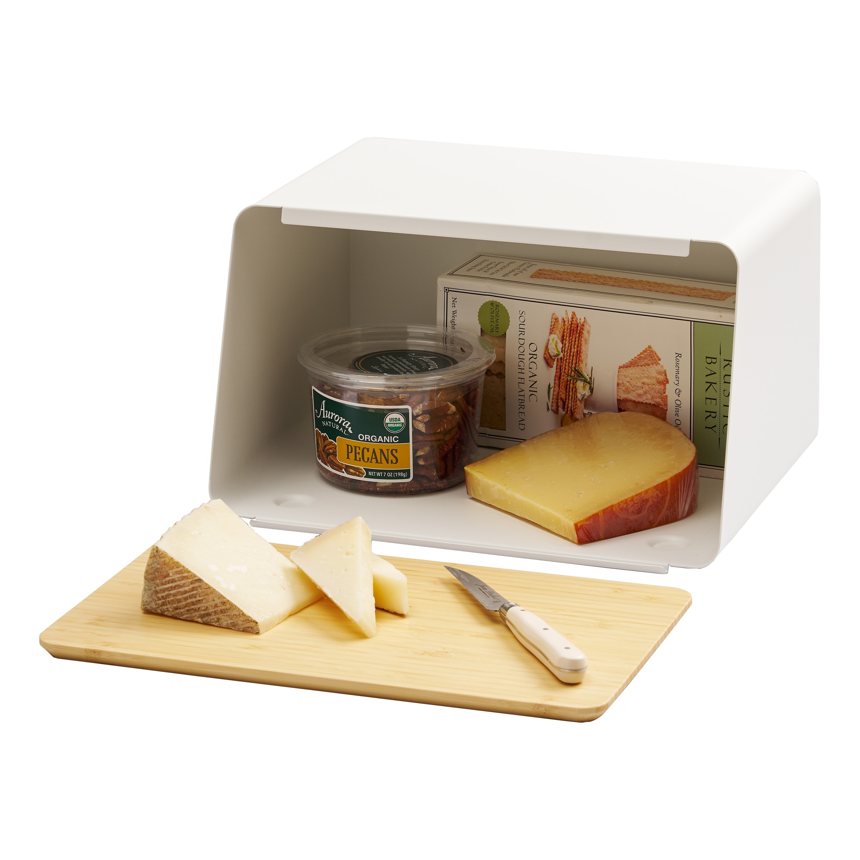 Yamazaki Home Bread Box with Cutting Board Lid, Steel and Bamboo, Lid - L 9.65 x W 12.4 x H 7.28 inches