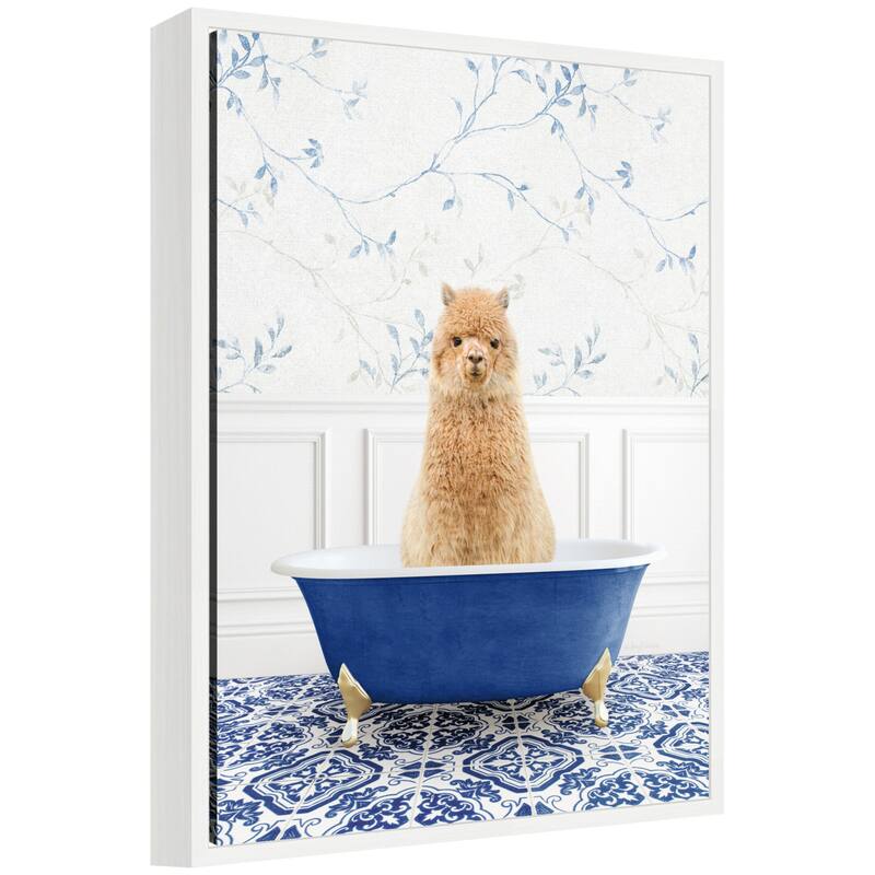 Kate and Laurel Sylvie Animal in Eclectic Blue Bathtub Framed Canvas by Amy Peterson - 18x24