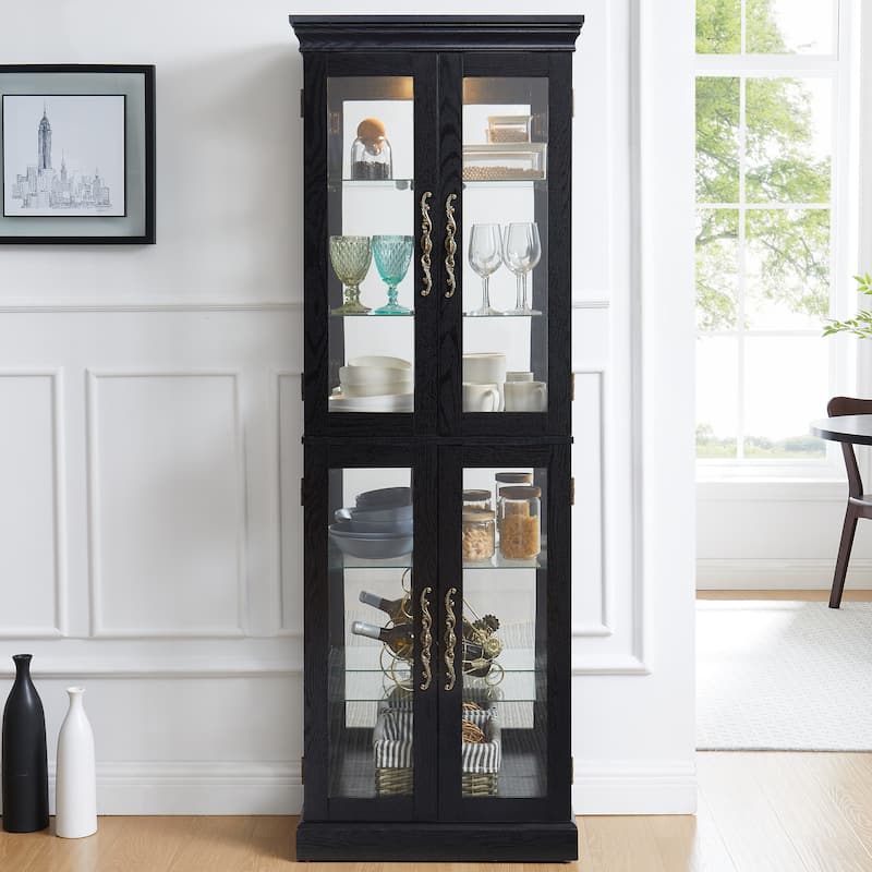 Elegant Lighted Glass Curio Display Cabinet Wooden Frame Storage Includes Light Bulb Ideal for Wine, Toys & Collectibles - Black