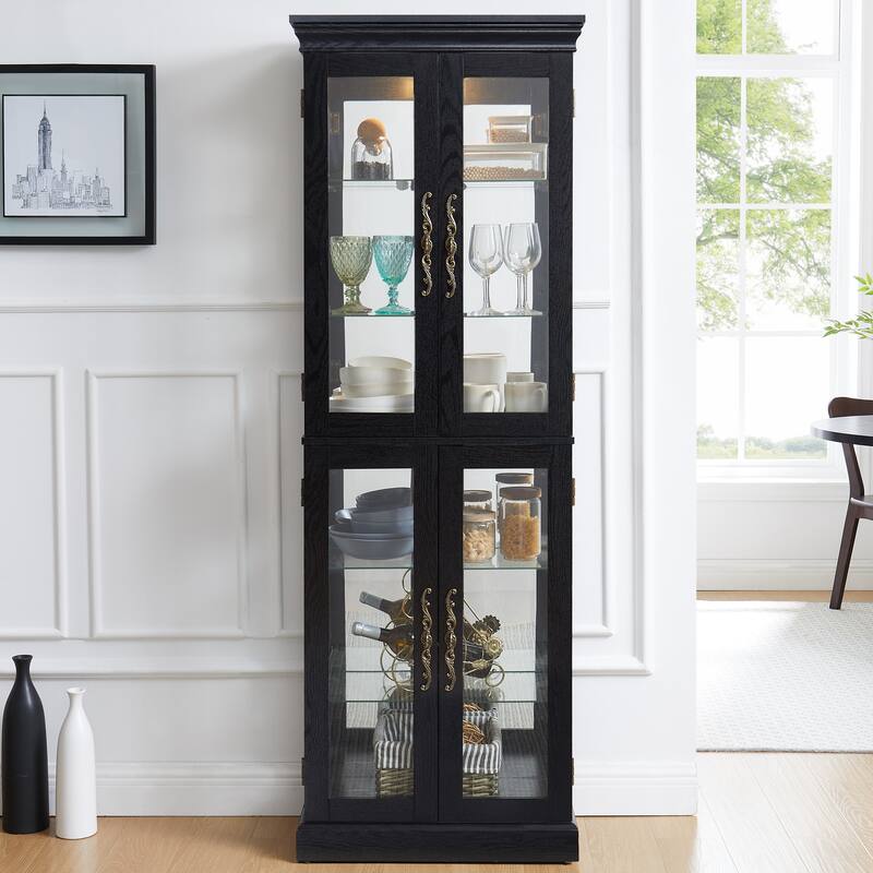 Lighted Glass Curio Display Cabinet with Wood Frame - Elegant Glass Storage for Wine, Toys & Collectibles - Black
