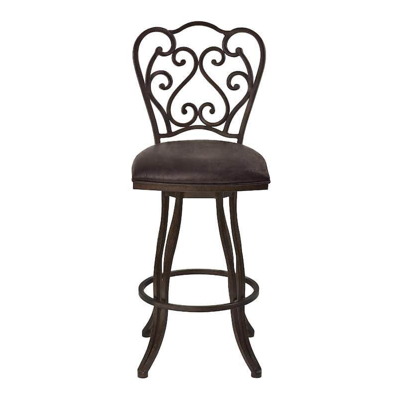 Espresso Fabric Swivel Bar Chair with Scroll Back Design, Iron Frame and Footrest - 19” x 22” x 48” (D x W x H)
