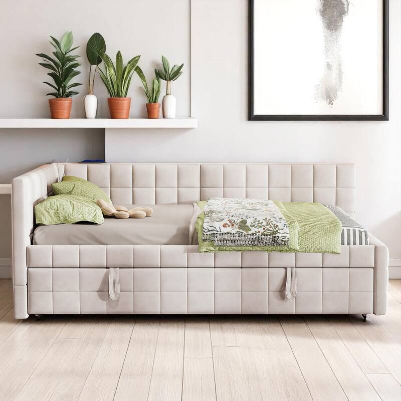 Full Size Upholstered L-Shaped Daybed with Twin Pop-Up Trundle and USB Charging Ports