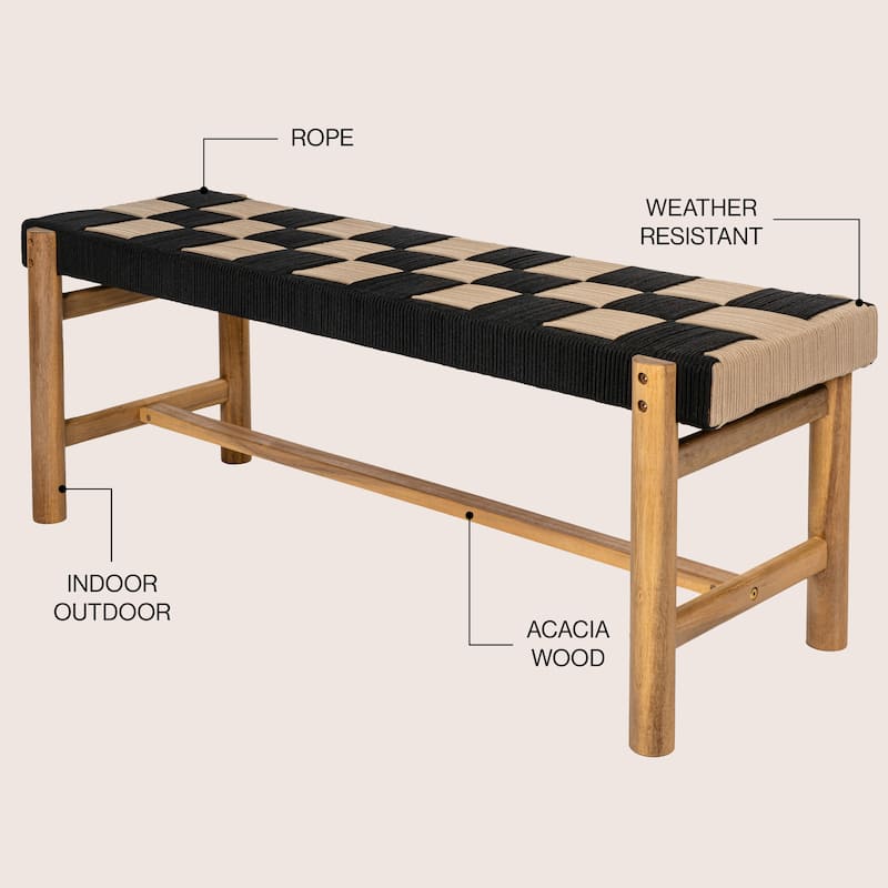48" 2-Seat Outdoor Acacia Bench, Backless w/ Woven Rope Seat, 700-lb Support