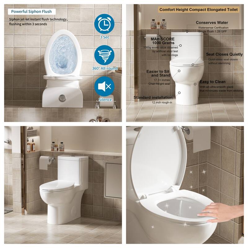 One Piece Toilet ADA 17", Dual Flush 1.1/1.6GPF, 12" Rough-In, Rimless