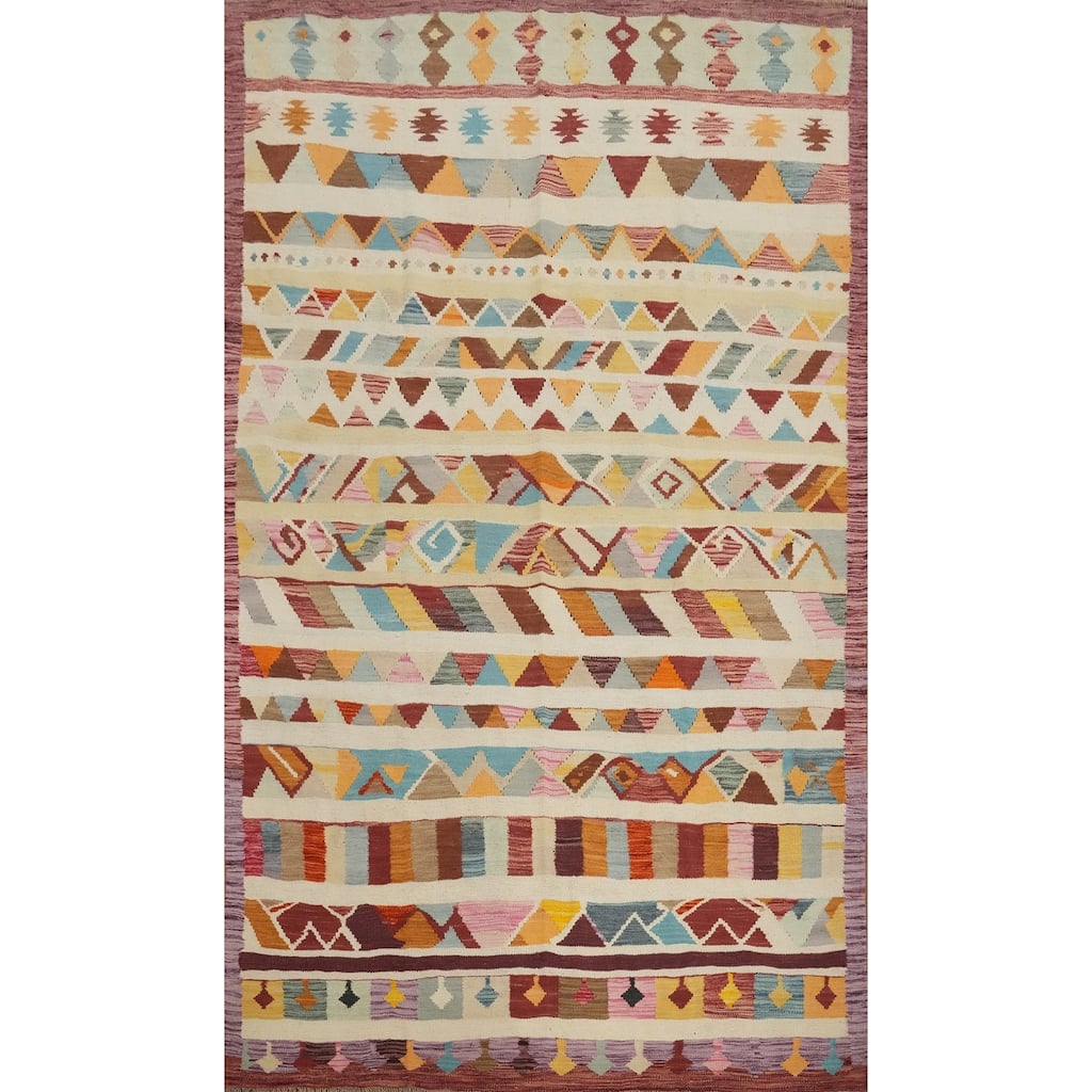 Hand Woven Oriental 100% Wool Carpet Southwestern Tribal Multi-Colored Kilim Area Rug - 9' 8'' X 6' 8''