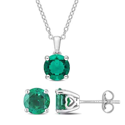 Miadora Created Emerald Two Piece Solitaire Necklace and Earrings Set in Sterling Silver