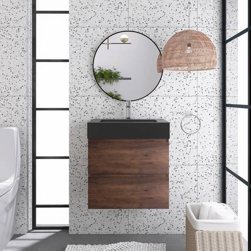 Single Sink Floating Bath Vanity in with Solid Surface Top - 24" x 18" x 25" - Walnut+black