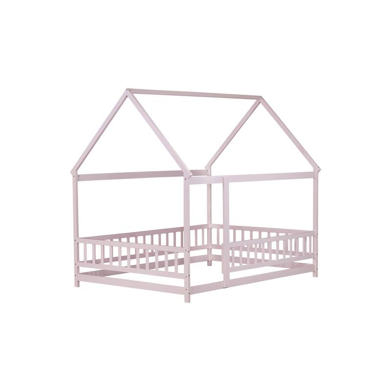 Full Size Wooden Floor Bed for Kids with House Roof Frame and Safety Guardrails