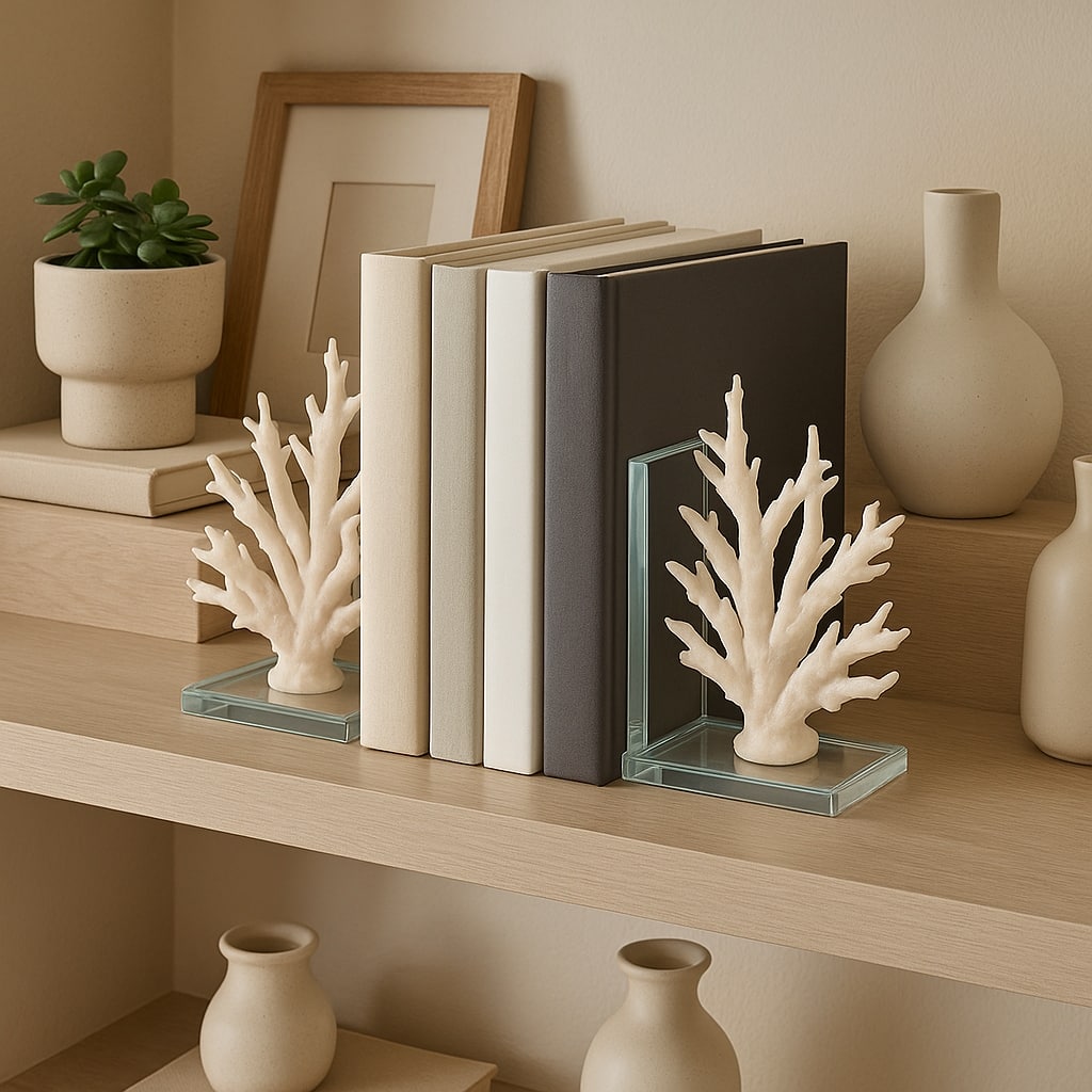 Decorative Costal Coral Accent on Glass Base Bookends - 7", White - 7.25"