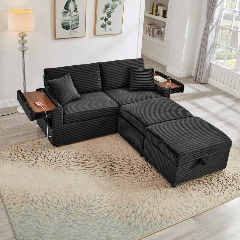 Modular Chaise Sleeper Sofa Bed, Corduroy Loveseat Couch & Storage Ottomans Set with Folding Table Boards and USB Ports