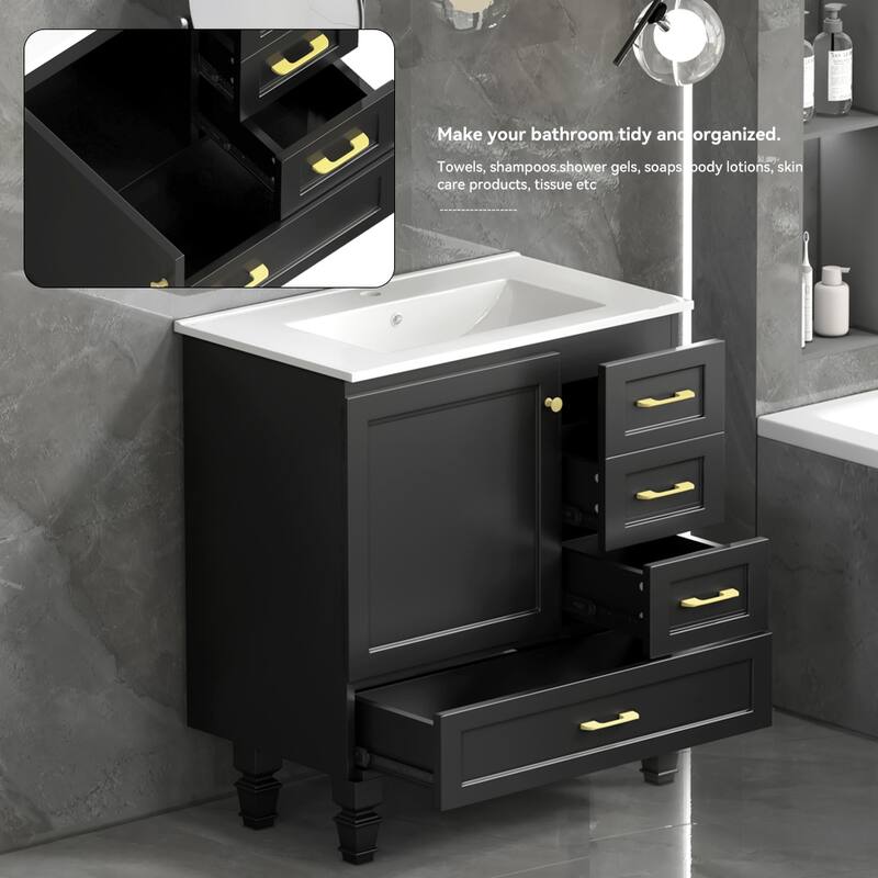 30" Bathroom Vanity Cabinet with Soft-Close Door & 3 Drawers, MDF Storage Vanity for Modern & Transitional Bathrooms