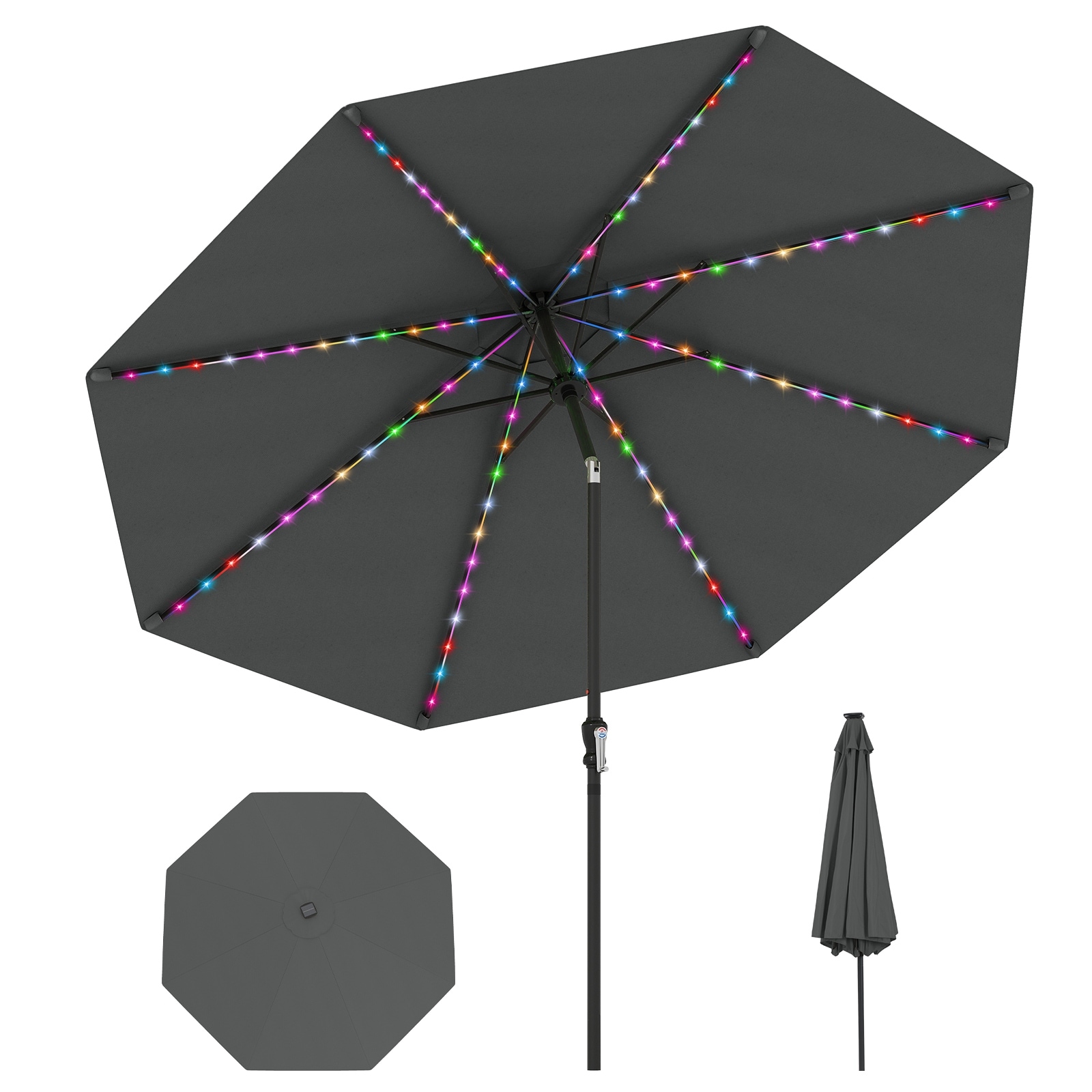 Gymax 10 FT Solar Patio Umbrella w/96 Multi-colored LED Lights & 9