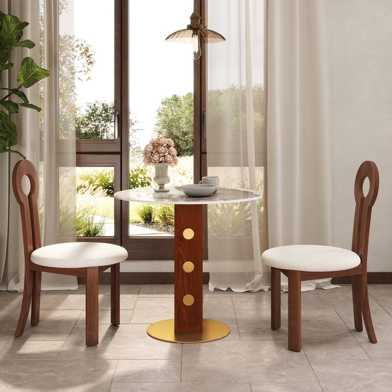 33" Retro Round Glass & Sintered Stone Tabletop Dining Table with Solid Wood Pedestal