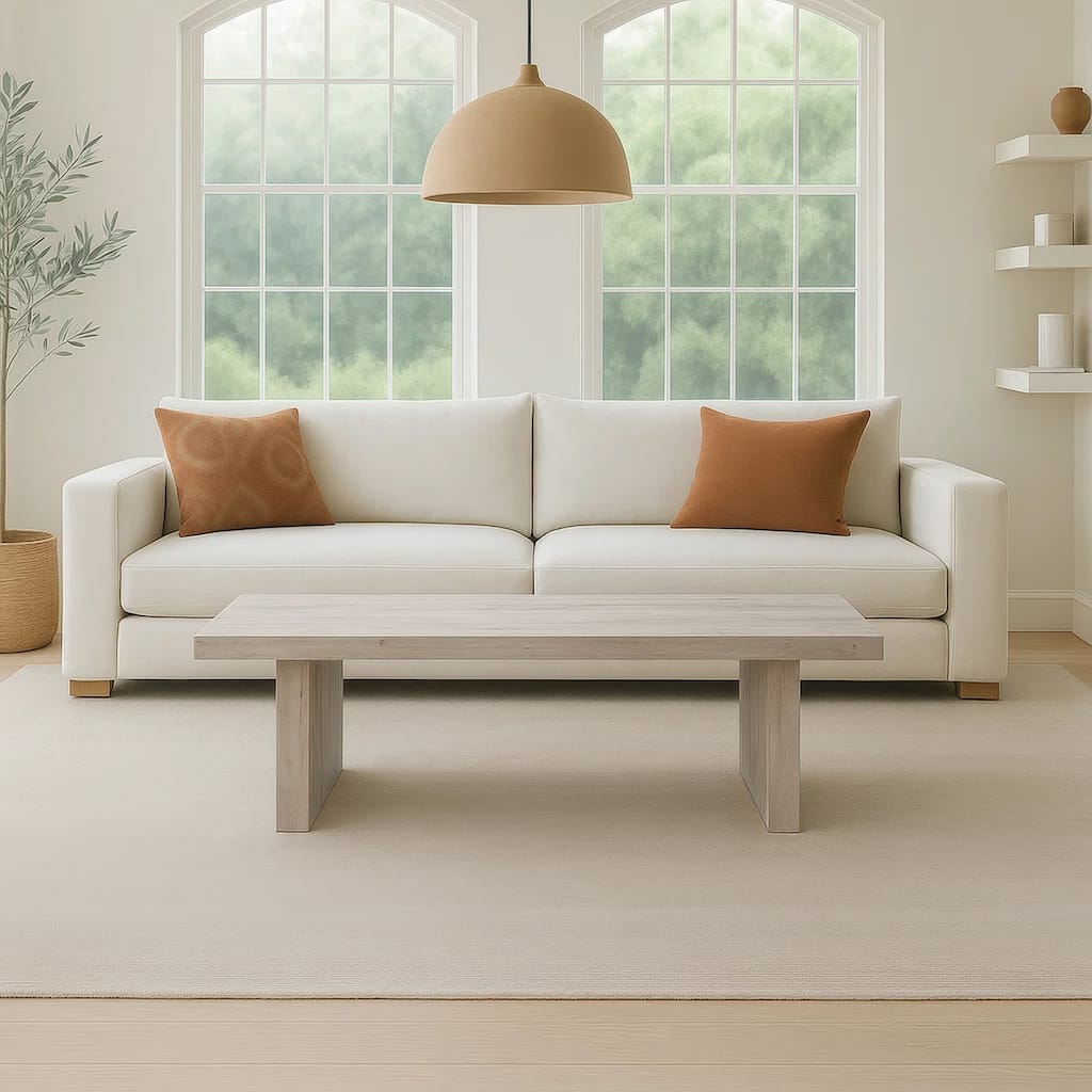 Nira Coffee Table 48 Inch Rectangular Top Handcrafted Washed White Acacia Wood Panel Leg Base