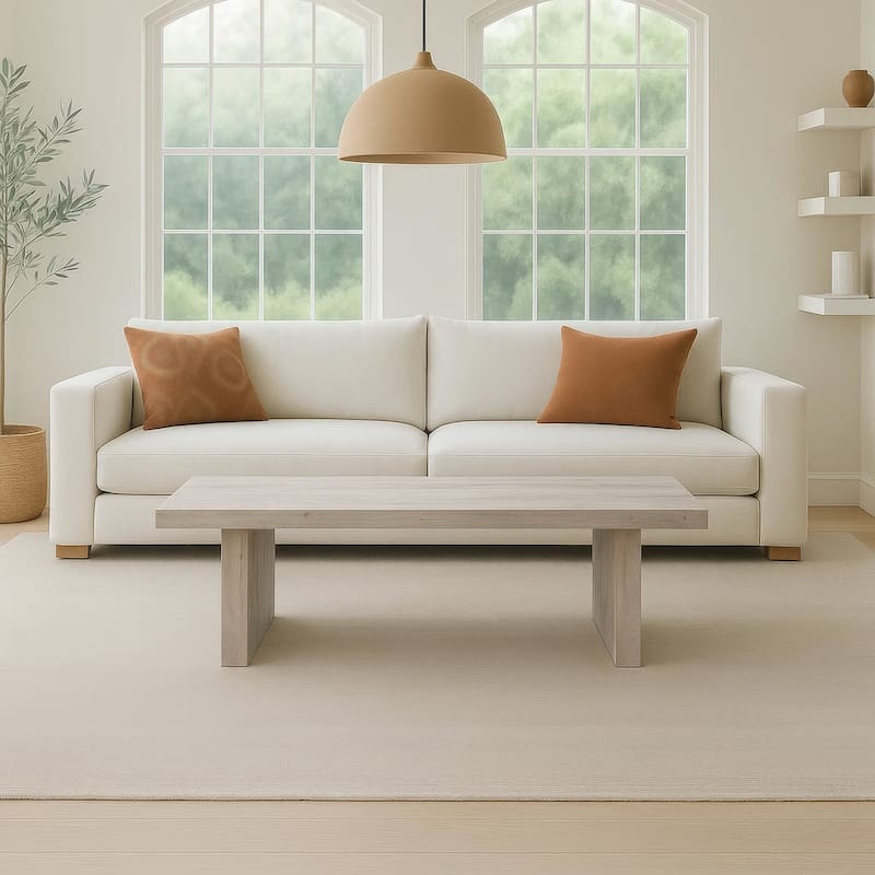 Nira Coffee Table 48 Inch Rectangular Top Handcrafted Washed White Acacia Wood Panel Leg Base - Washed White